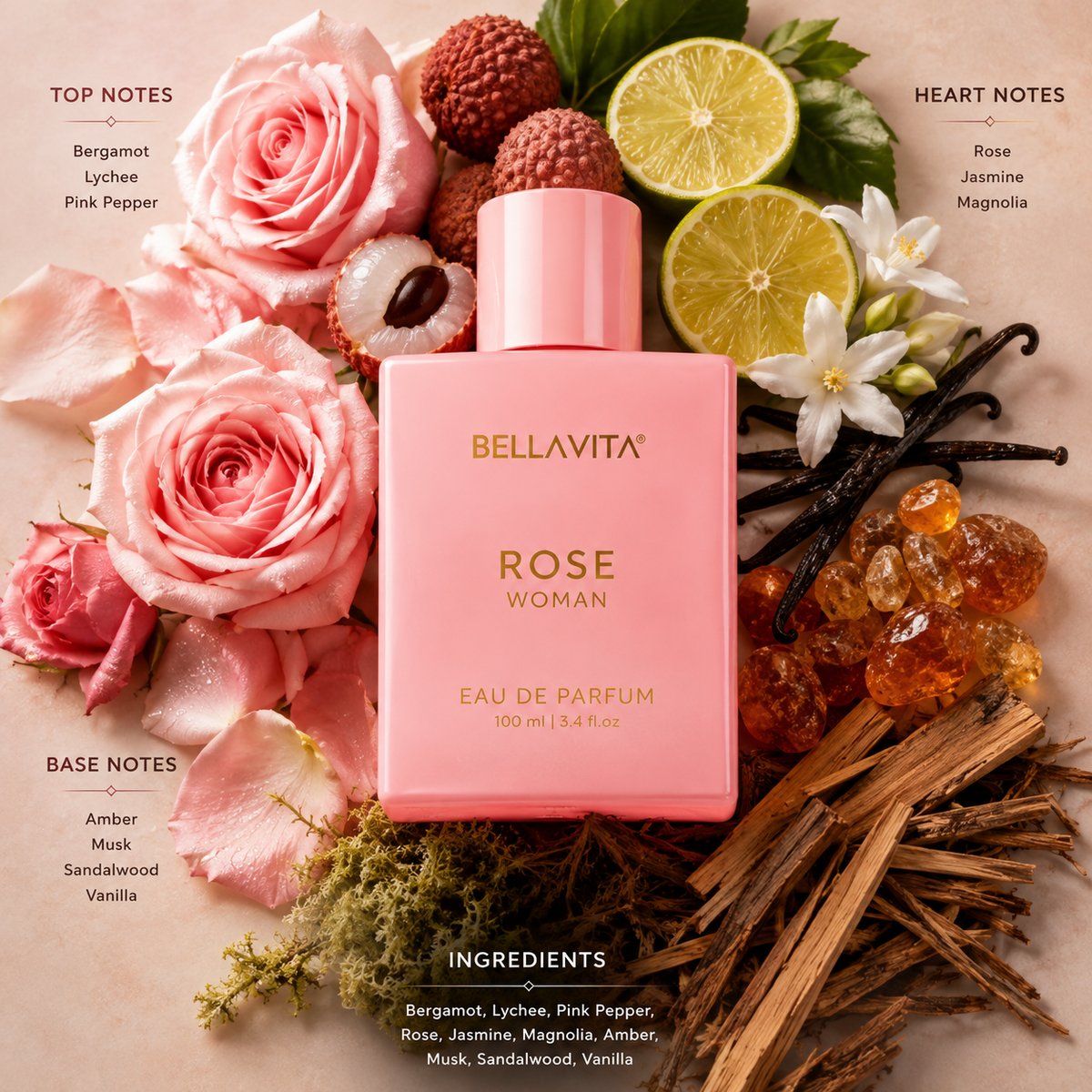Bella Vita ROSE Woman Perfume 100ml EDP for Women