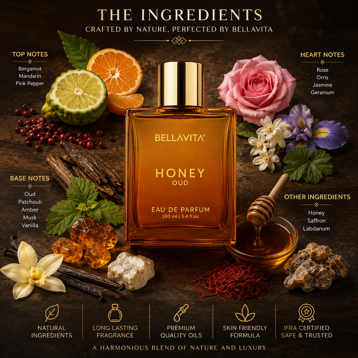 BellaVita Honey Oud Eau de Parfum 100ml | Unisex Perfume