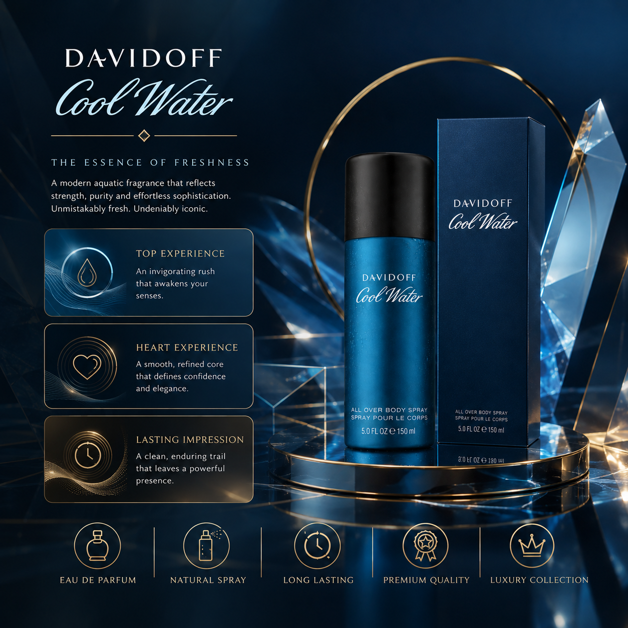 Davidoff Cool Water All Over Body Spray for Men 150ml | Long Lasting Fresh Fragrance