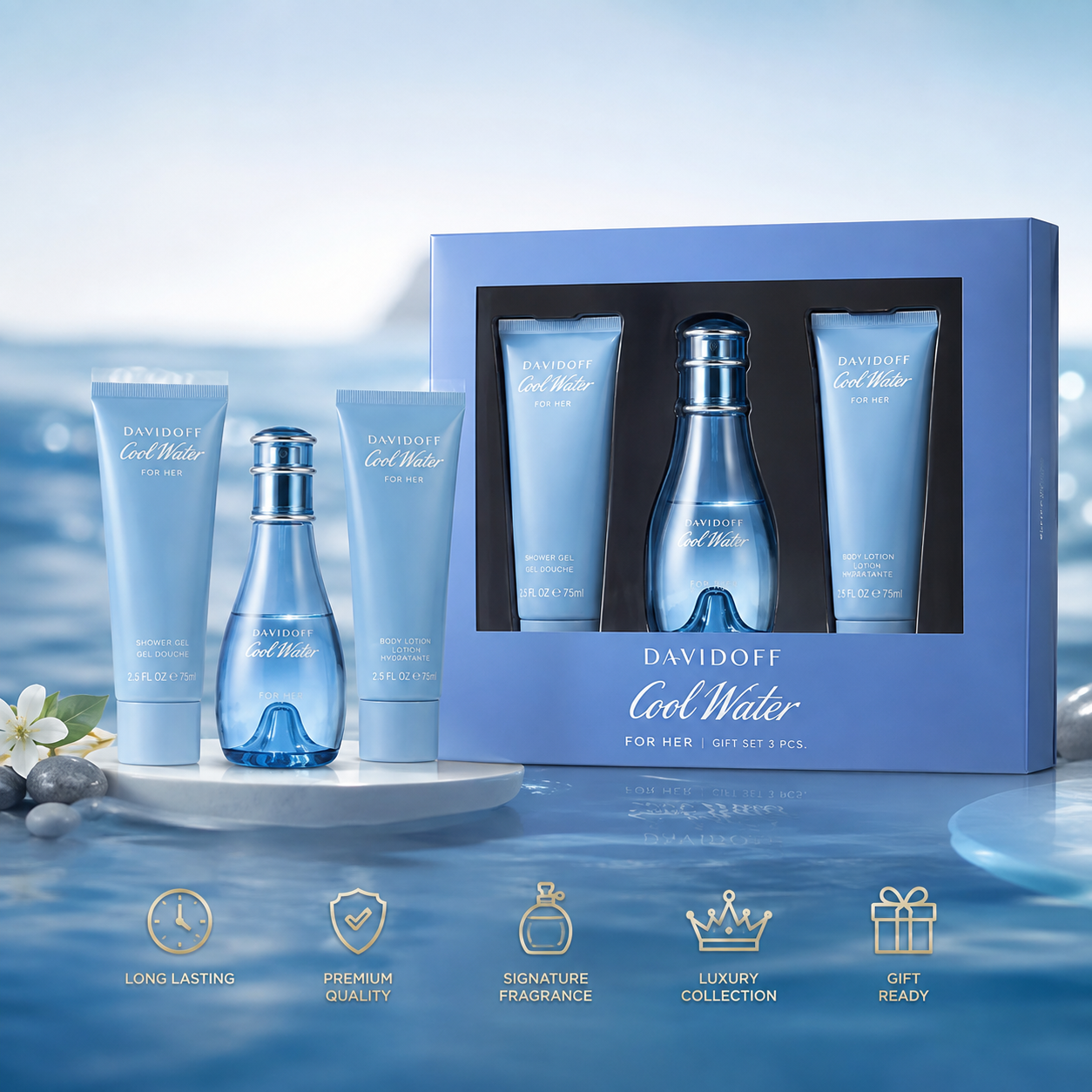 DAVIDOFF Cool Water For Her Eau de Toilette Gift Set 100ml + 75ml Shower Gel + 75ml Body Lotion