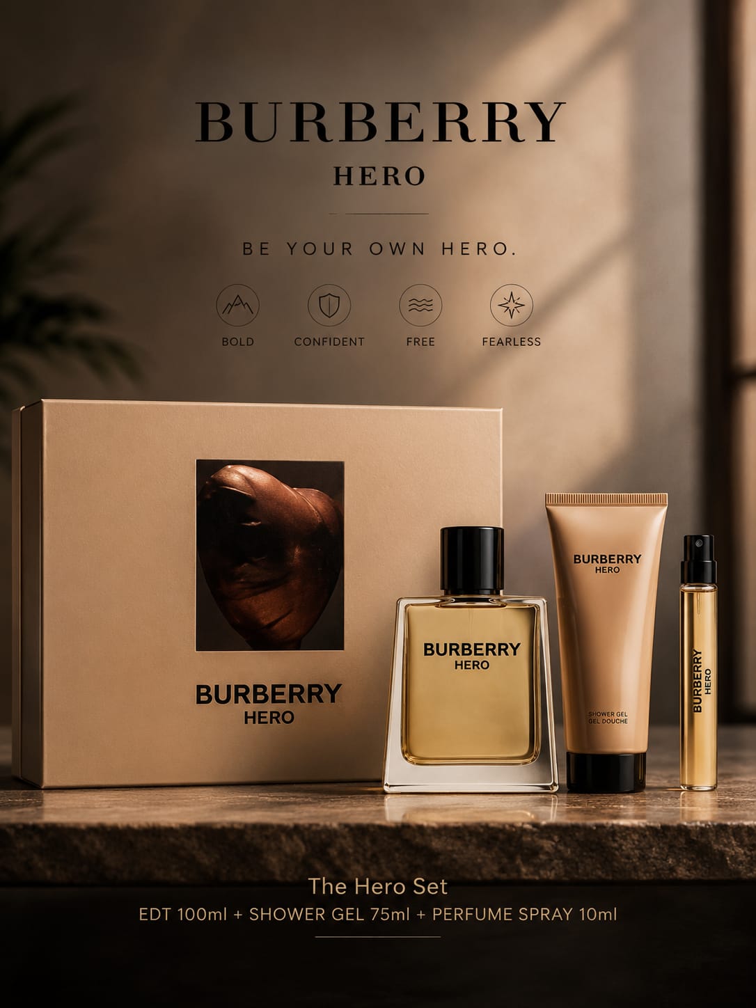 Burberry Hero Eau de Toilette Gift Set for Men – 100ml + Shower Gel 75ml + Perfume Spray 10ml