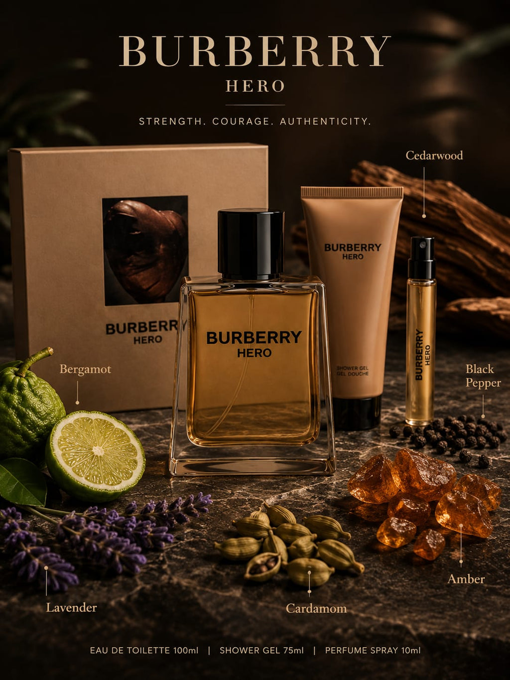Burberry Hero Eau de Toilette Gift Set for Men – 100ml + Shower Gel 75ml + Perfume Spray 10ml