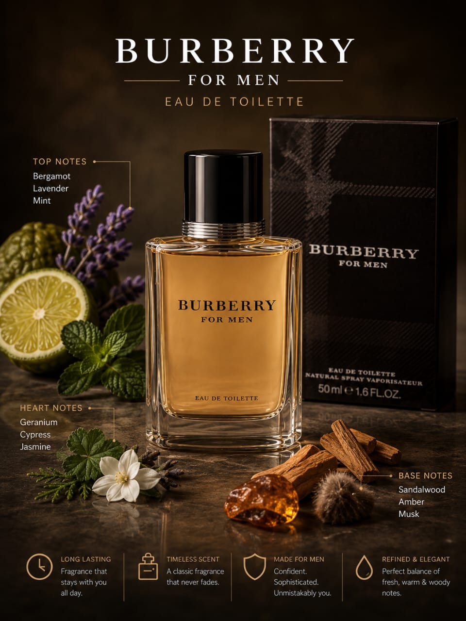 Burberry For Men Eau de Toilette 50ml – Men's Fresh Woody Fragrance