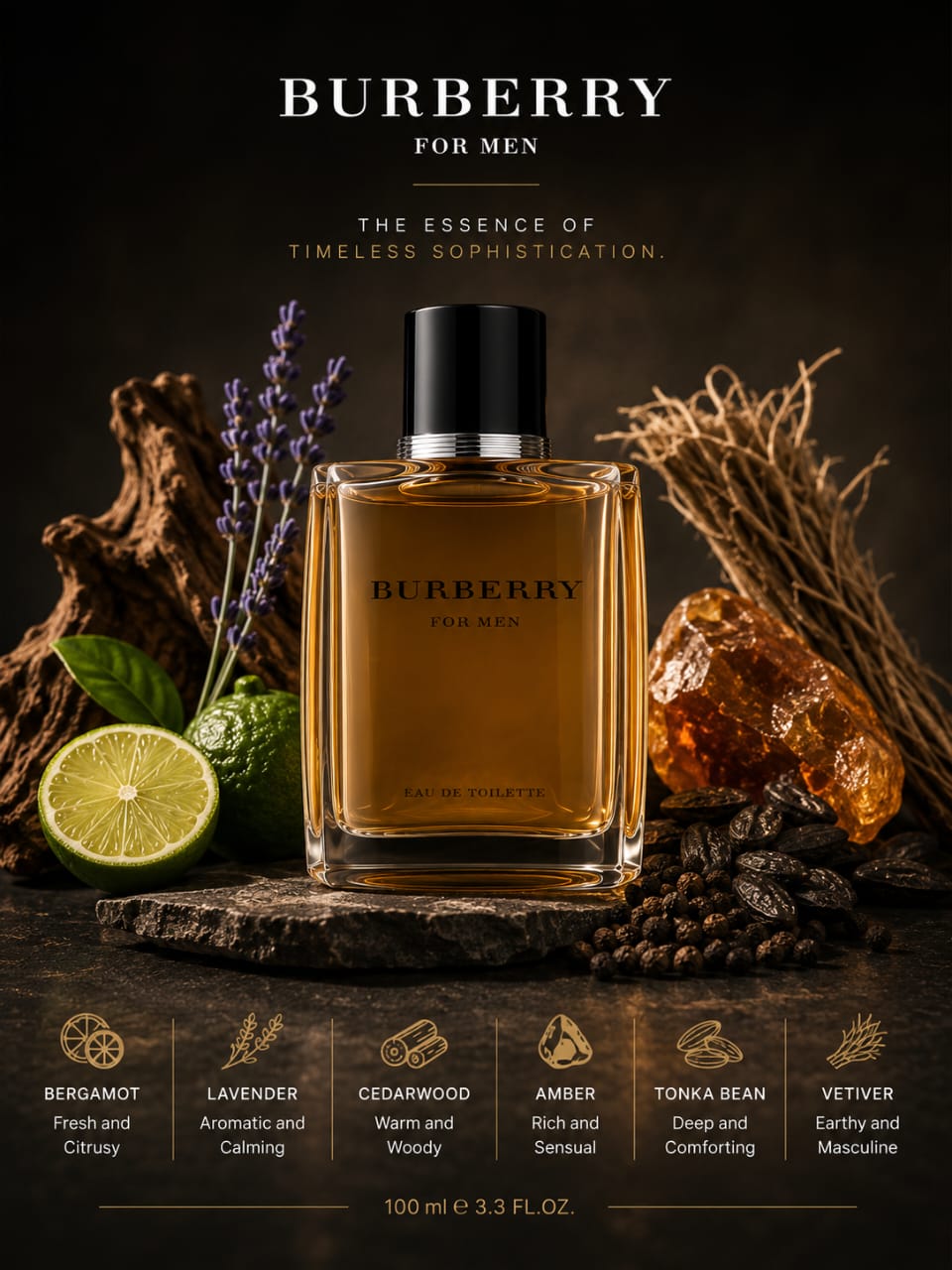 Burberry For Men Eau de Toilette 100ml – Men’s Woody Aromatic Fragrance