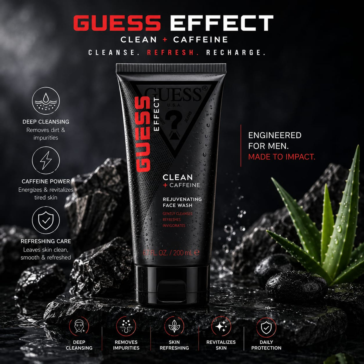 GUESS Effect Clean + Caffeine Rejuvenating Face Wash 200 ml for Men
