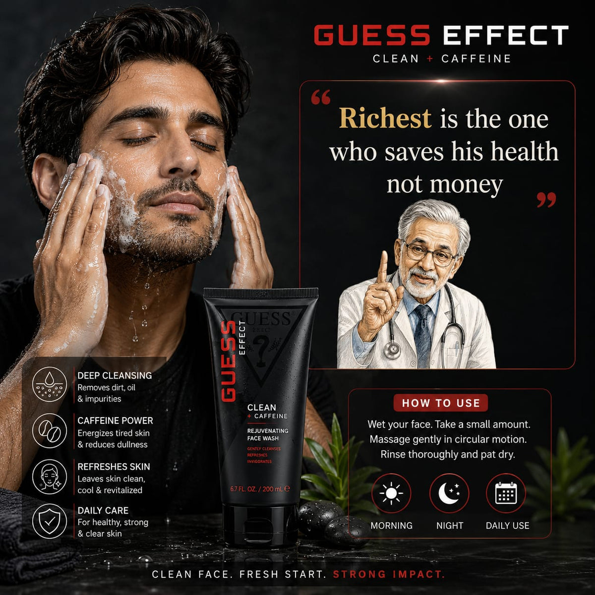 GUESS Effect Clean + Caffeine Rejuvenating Face Wash 200 ml for Men