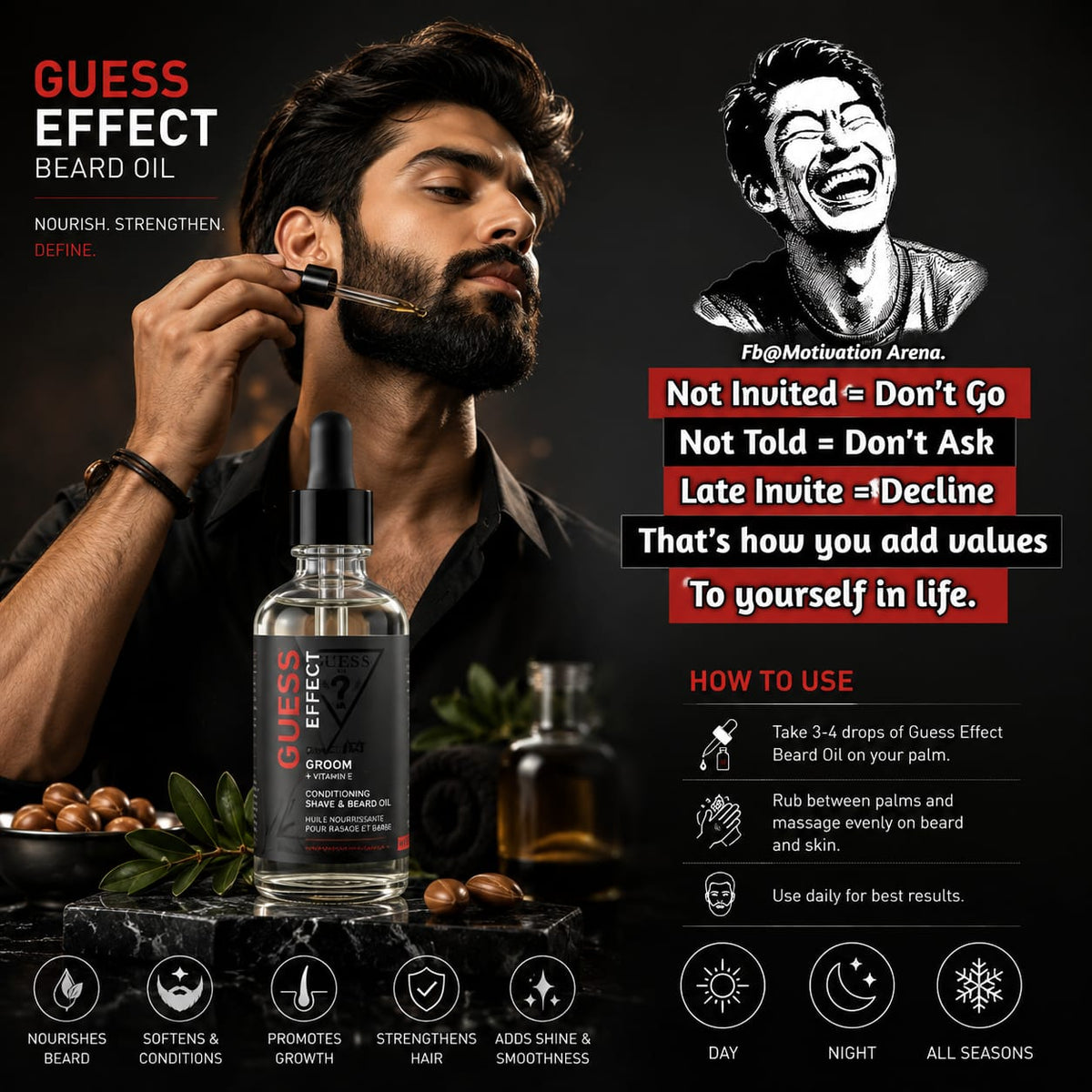 GUESS Effect Beard Oil Groom + Vitamin E – Conditioning Shave & Beard Oil