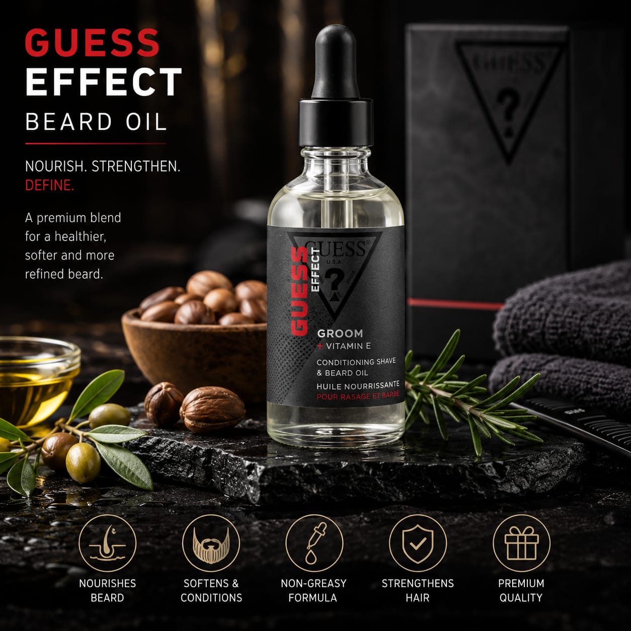 GUESS Effect Beard Oil Groom + Vitamin E – Conditioning Shave & Beard Oil