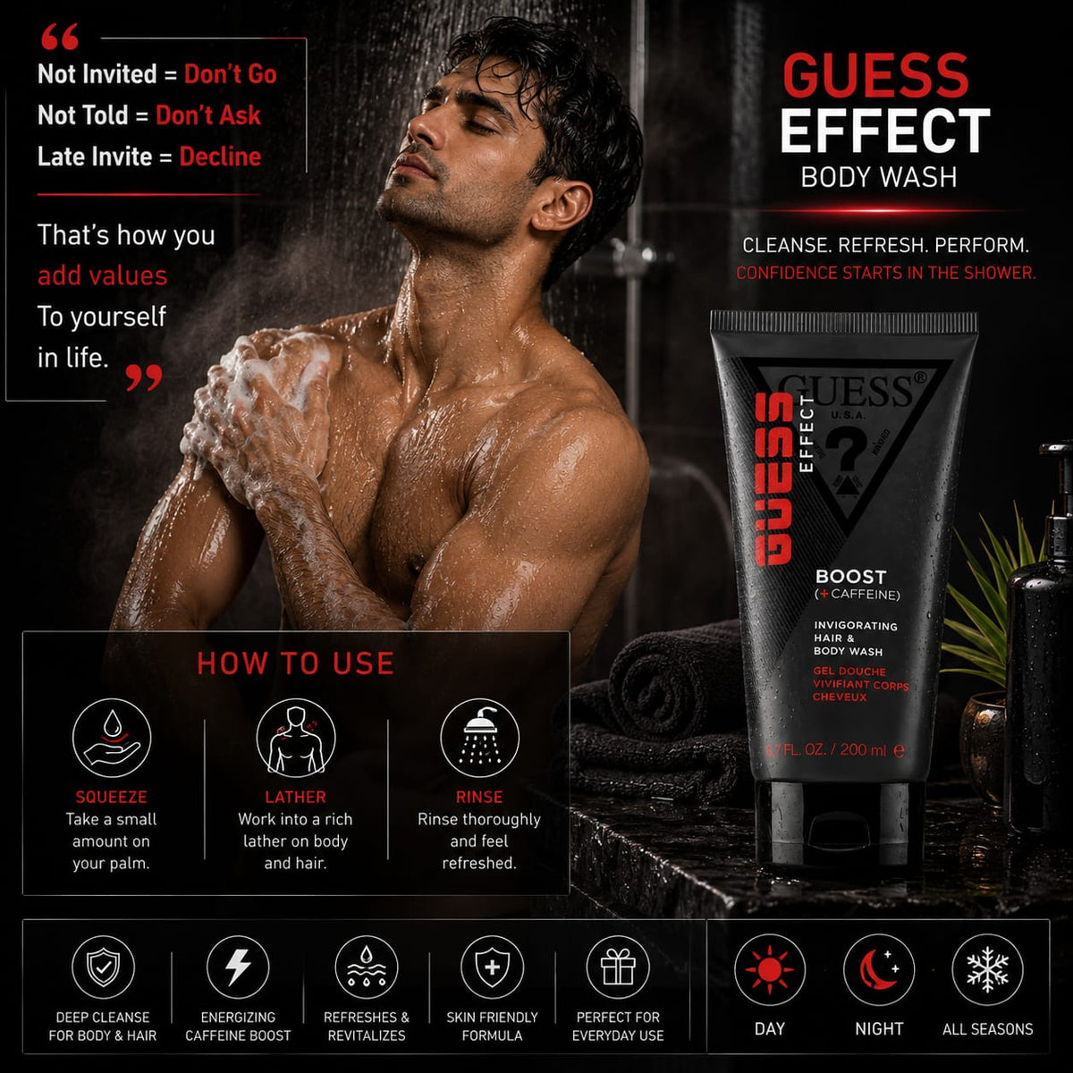 GUESS Effects Boost + Caffeine Invigorating Hair & Body Wash 200ml
