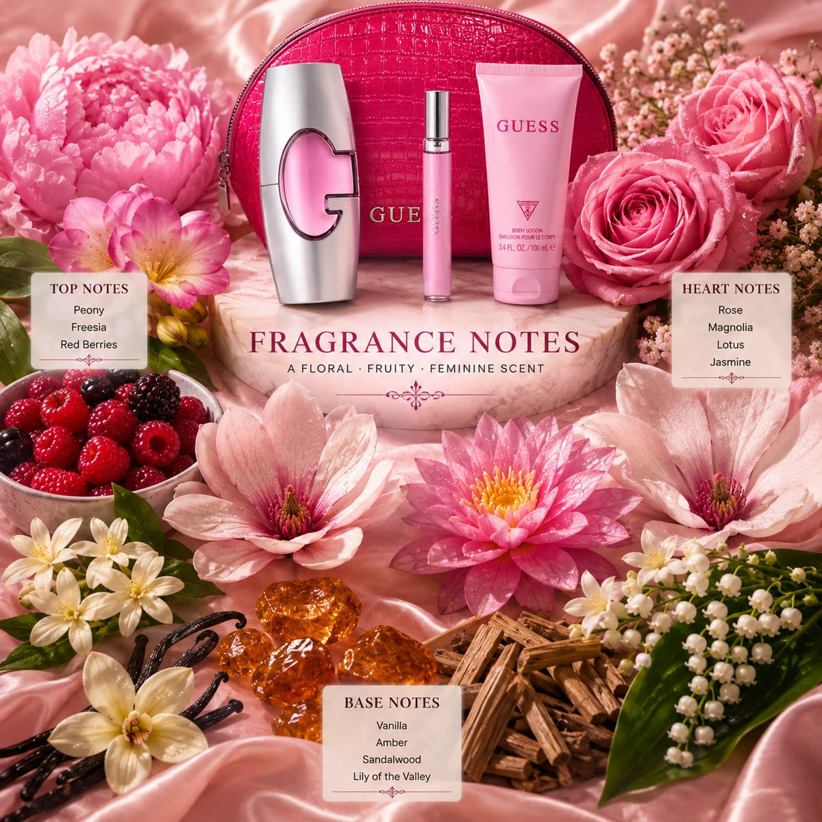 GUESS Woman Eau de Parfum Gift Set for Women – 75ml + 15ml Travel Spray + 100ml Body Lotion
