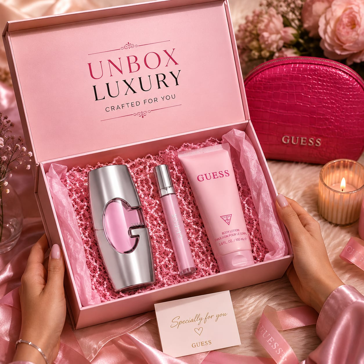 GUESS Woman Eau de Parfum Gift Set for Women – 75ml + 15ml Travel Spray + 100ml Body Lotion