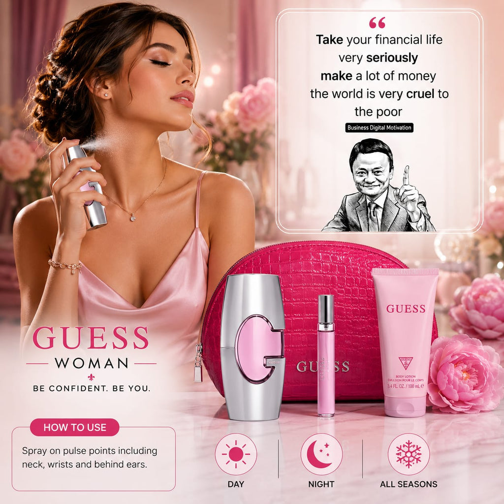 GUESS Woman Eau de Parfum Gift Set for Women – 75ml + 15ml Travel Spray + 100ml Body Lotion