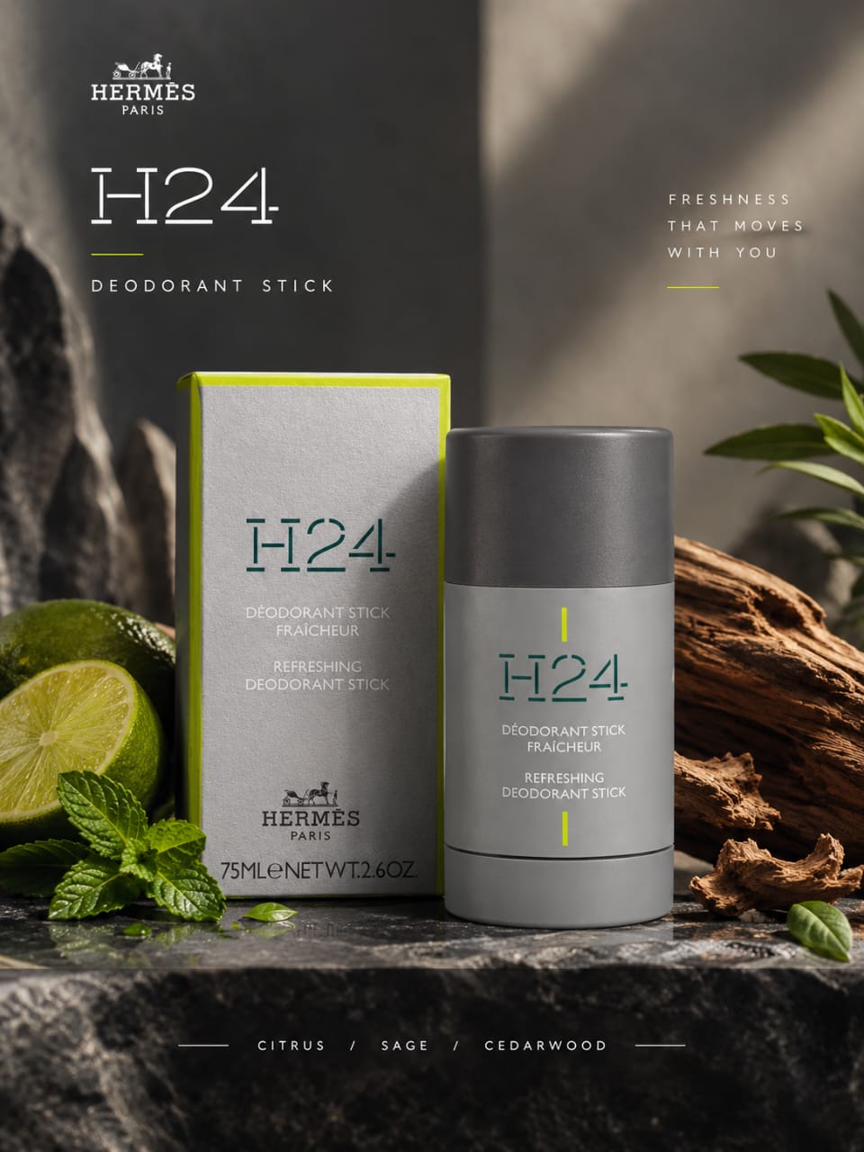 Hermès H24 Deodorant Stick 75g – Refreshing Citrus, Sage & Cedarwood