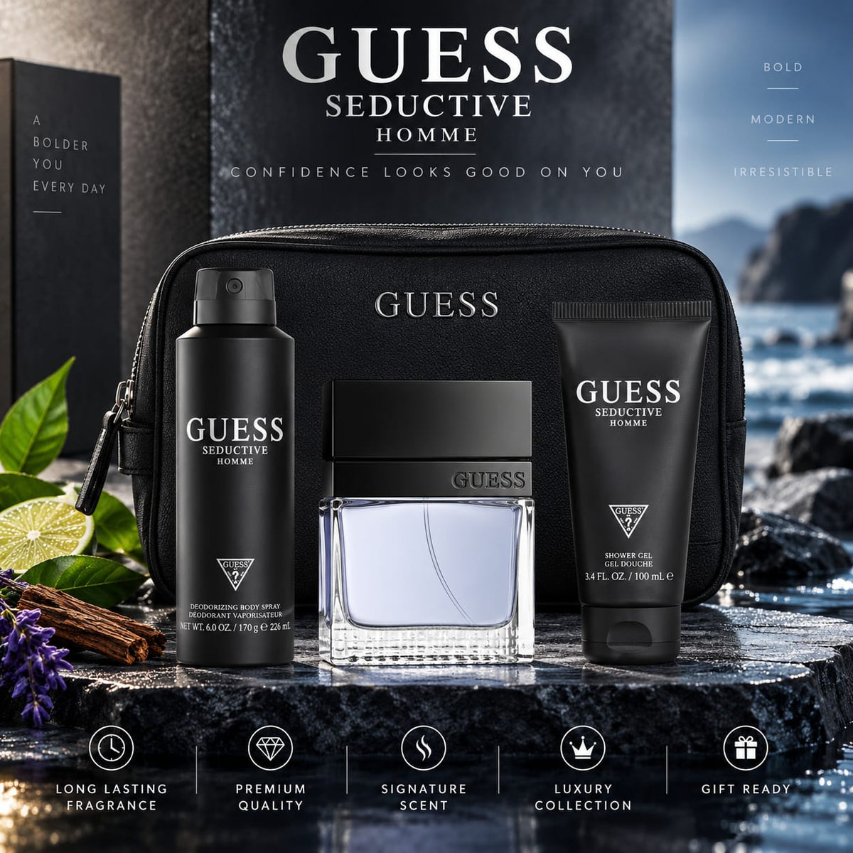 GUESS Seductive Homme Gift Set for Men – EDT 100ml + Shower Gel 100ml + Body Spray